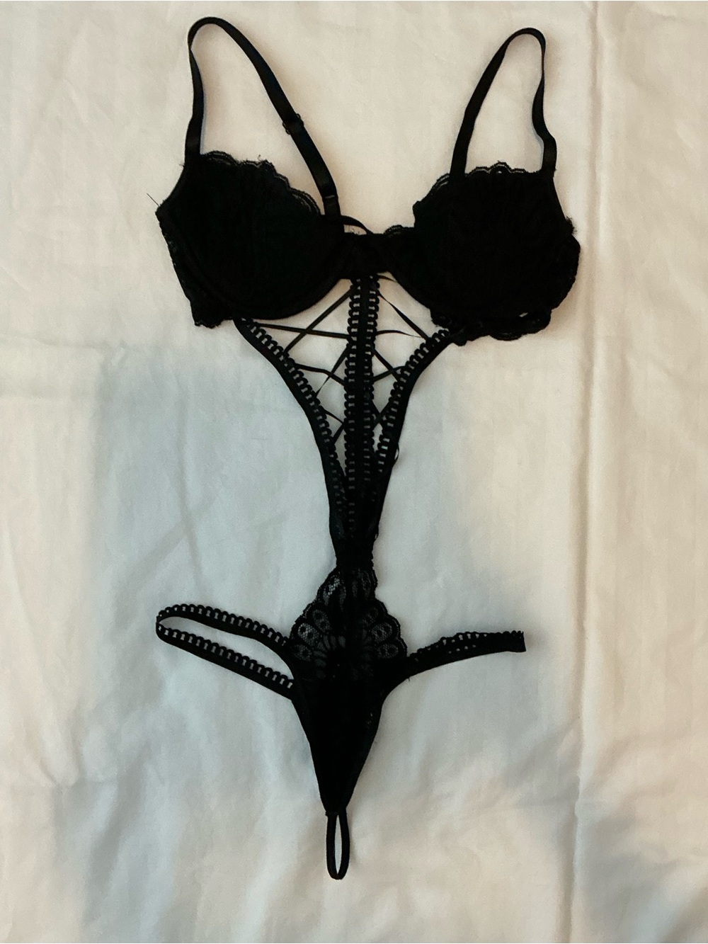 Delicate Black Lace Strappy Teddy Bodysuit with magnetic closure